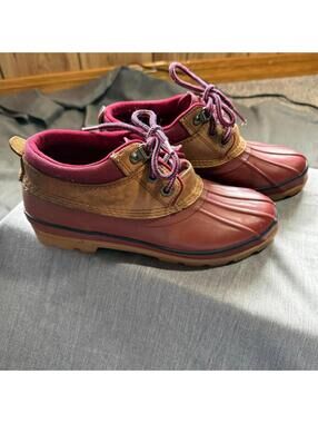 Lands' End Women's Size 8 Red & Tan Leather Waterproof Ankle Duck Boots Lace Up